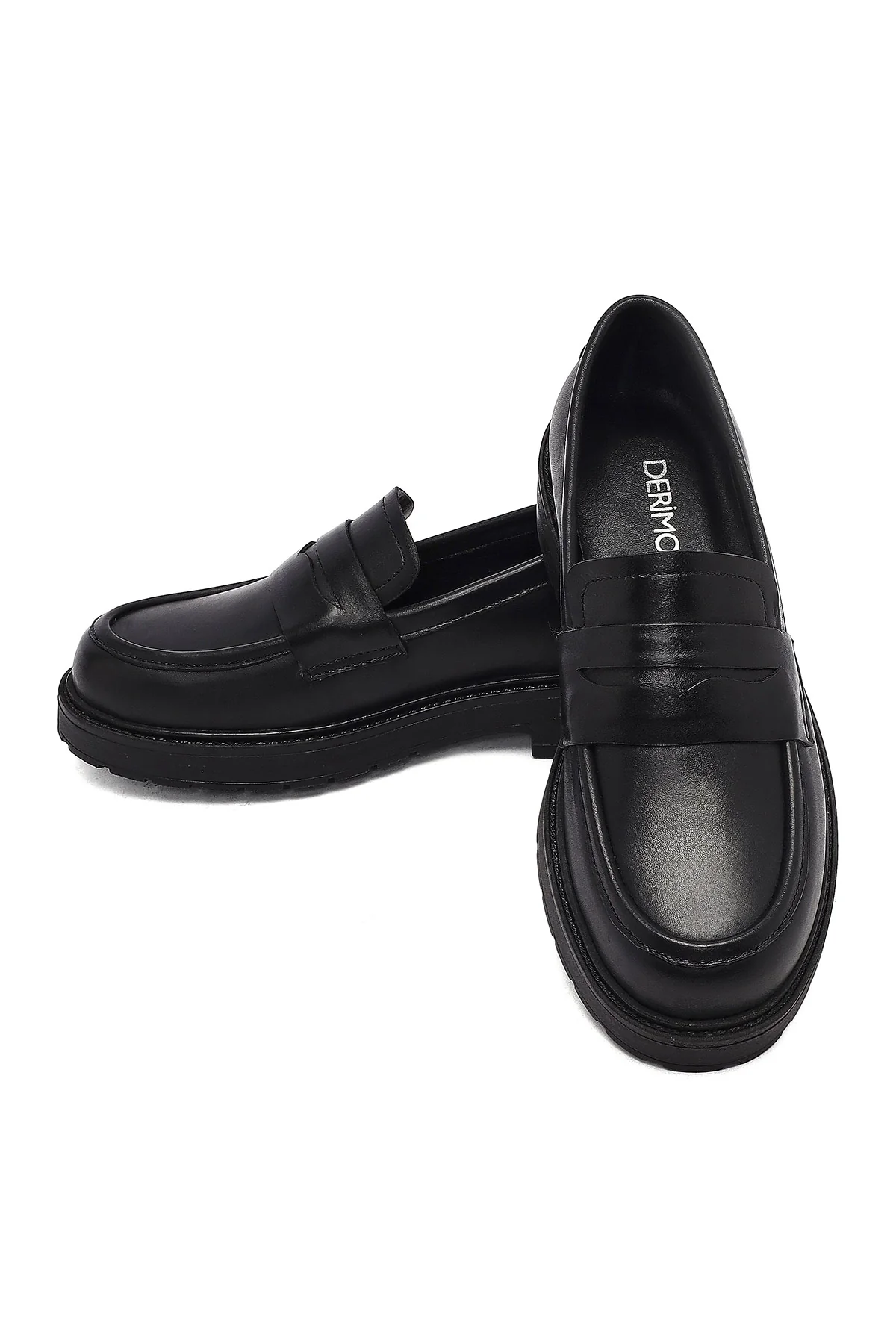 Kadın Siyah Kalın Tabanlı Deri Maskülen Loafer - Image 11