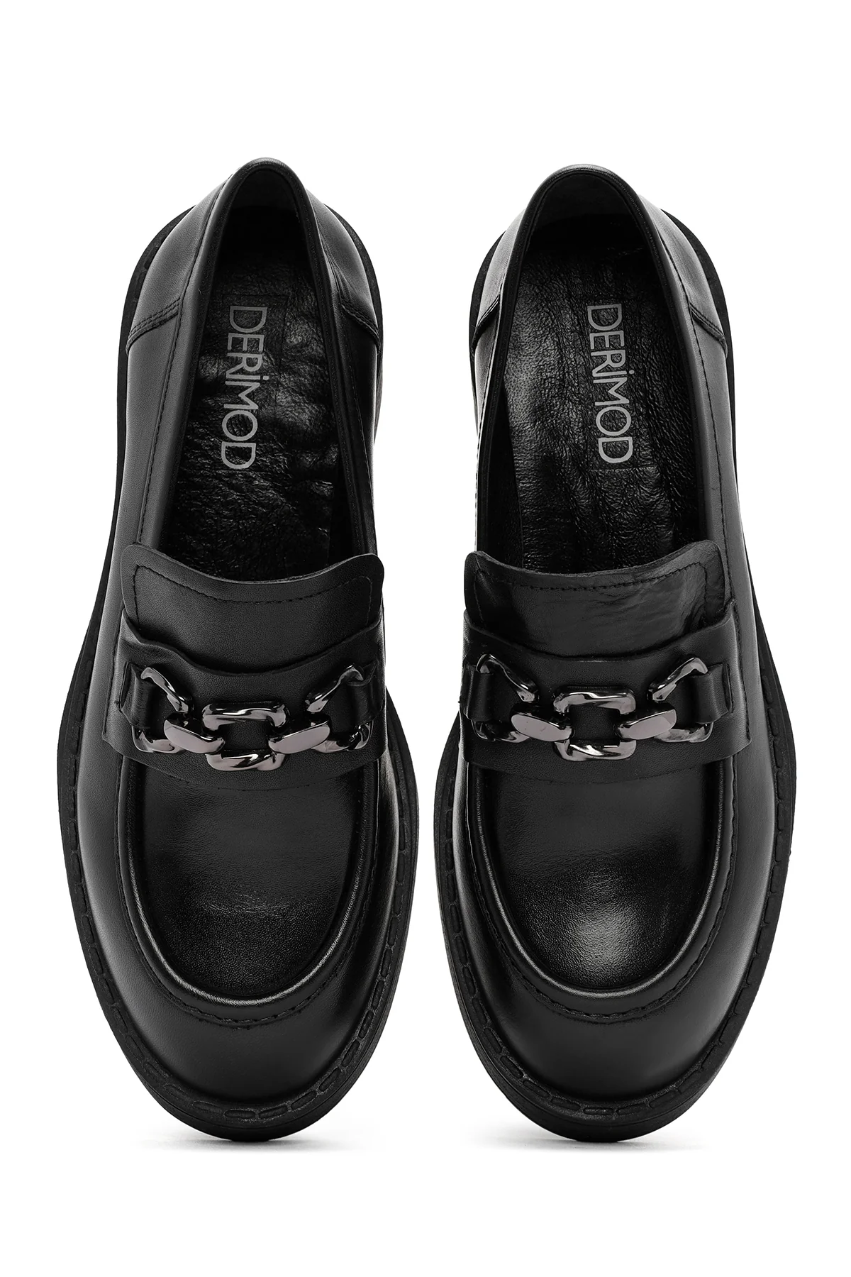 Kadın Siyah Kalın Topuklu Deri Maskülen Loafer - Image 8