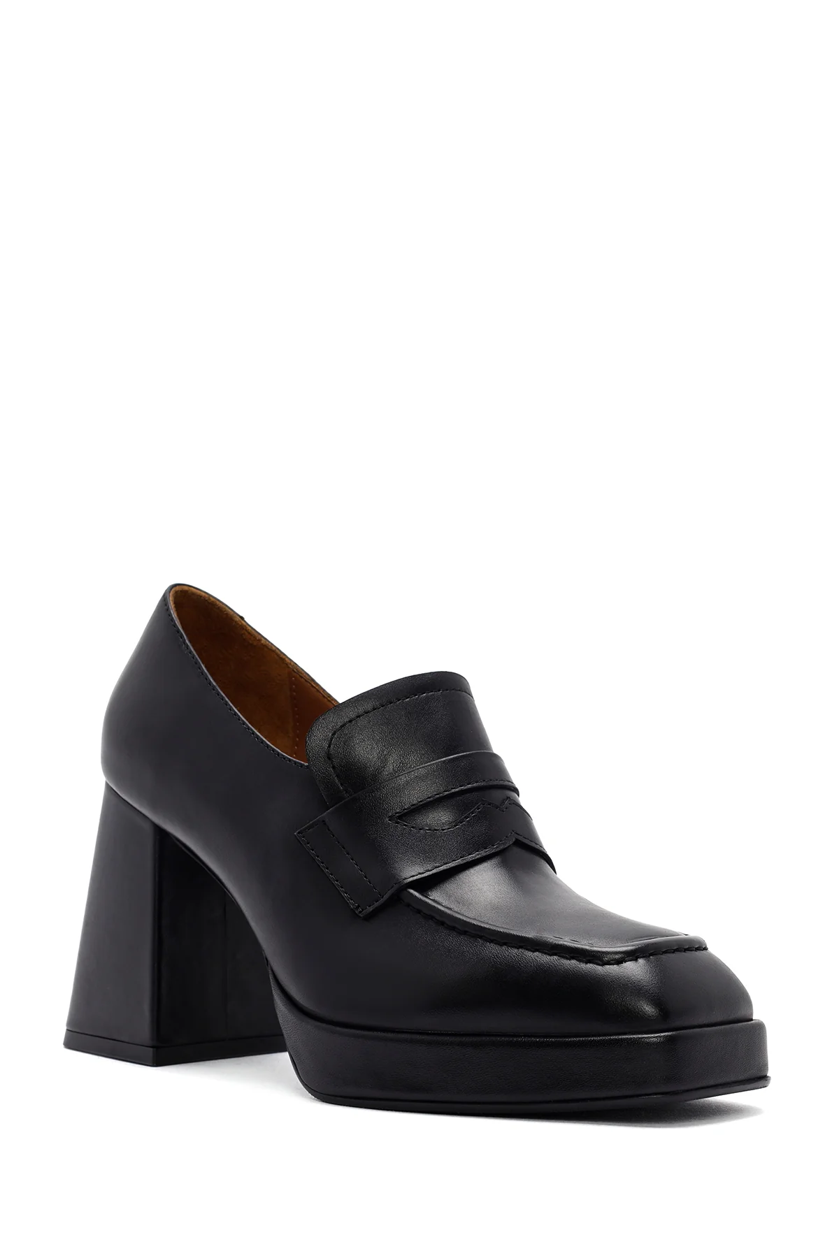 Kadın Siyah Kalın Yüksek Topuklu Deri Maskülen Loafer - Image 7