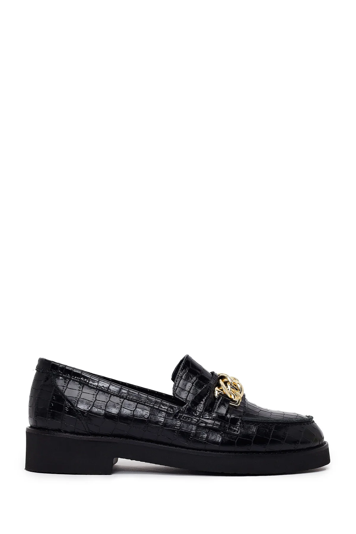 Kadın Siyah Kroko Desenli Zincir Detaylı Deri Maskülen Loafer