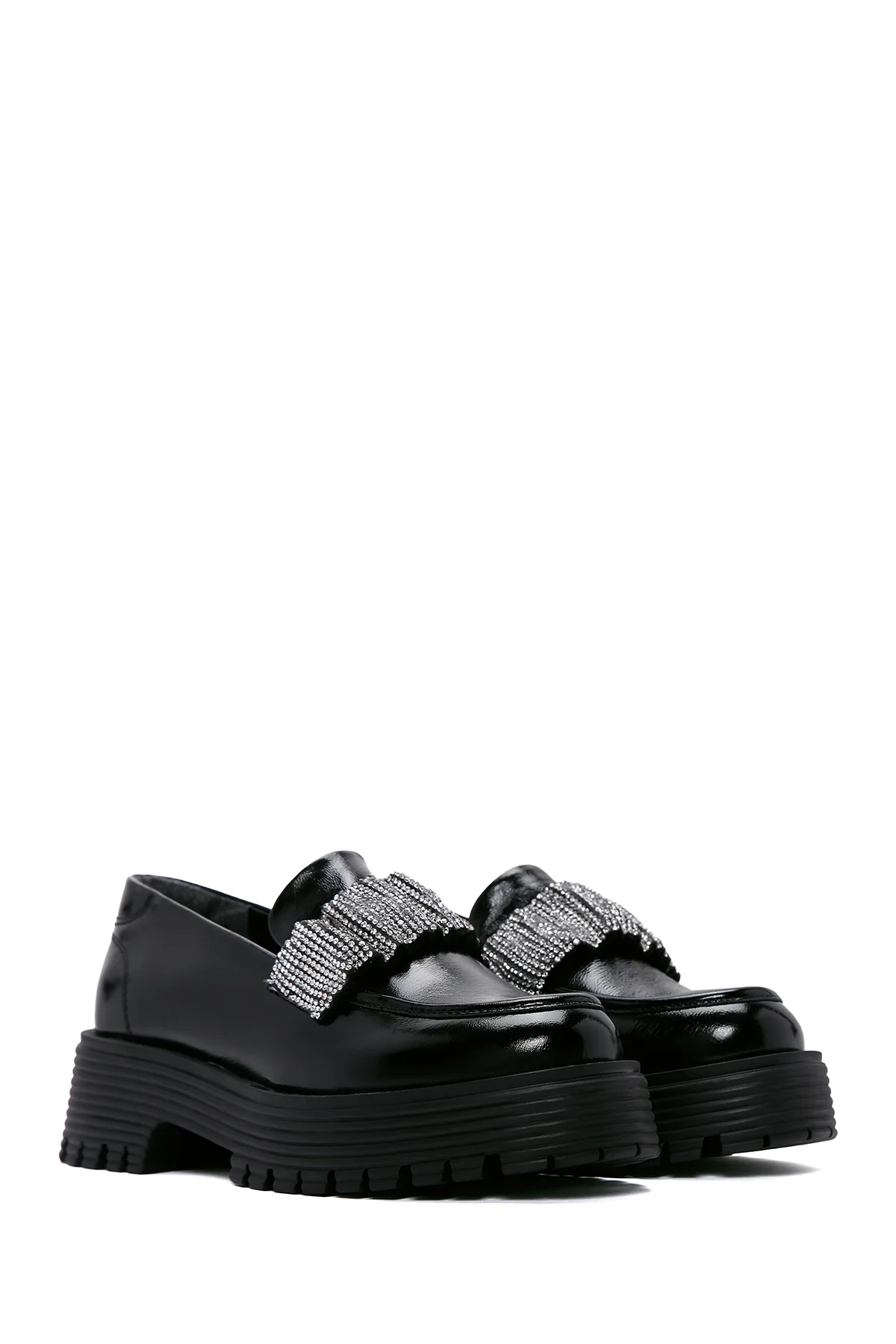 Kadın Siyah Taş Detaylı Deri Maskülen Loafer - Image 3