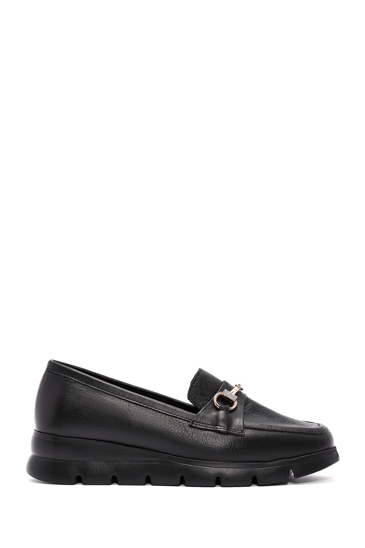 Kadın Siyah Toka Detaylı Deri Comfort Loafer