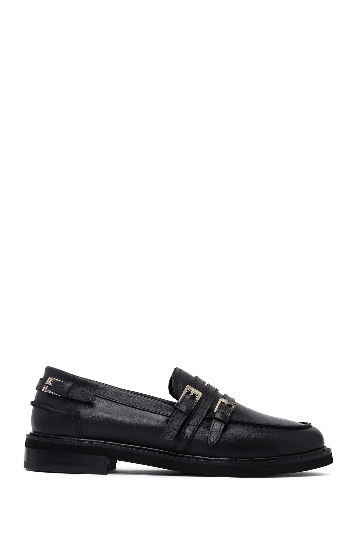 Kadın Siyah Tokalı Deri Maskülen Loafer - Image 2