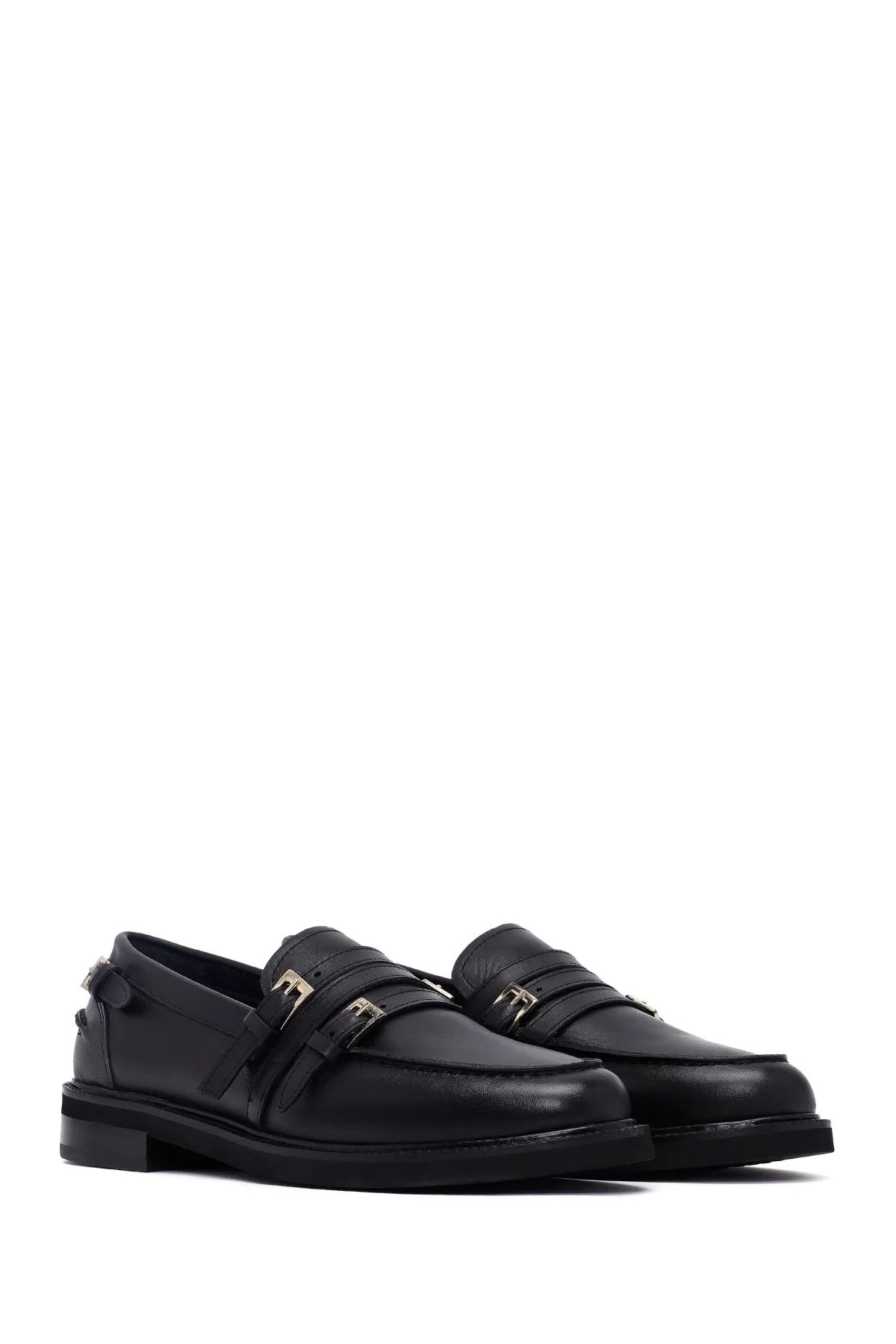 Kadın Siyah Tokalı Deri Maskülen Loafer - Image 3