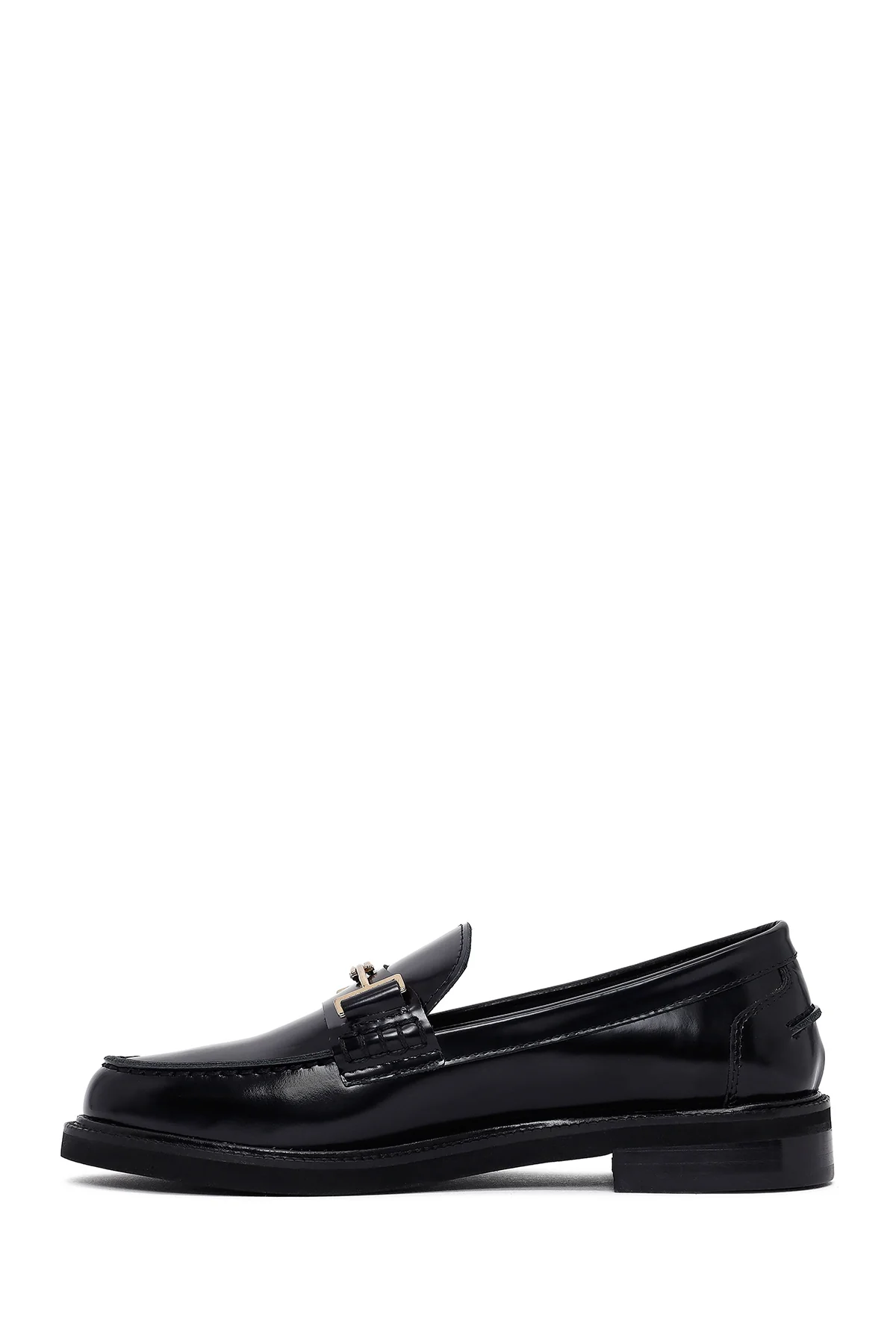 Kadın Siyah Tokalı Deri Maskülen Loafer - Image 2
