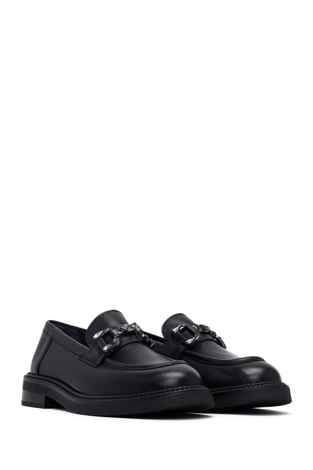 Kadın Siyah Tokalı Deri Maskülen Loafer - Image 3