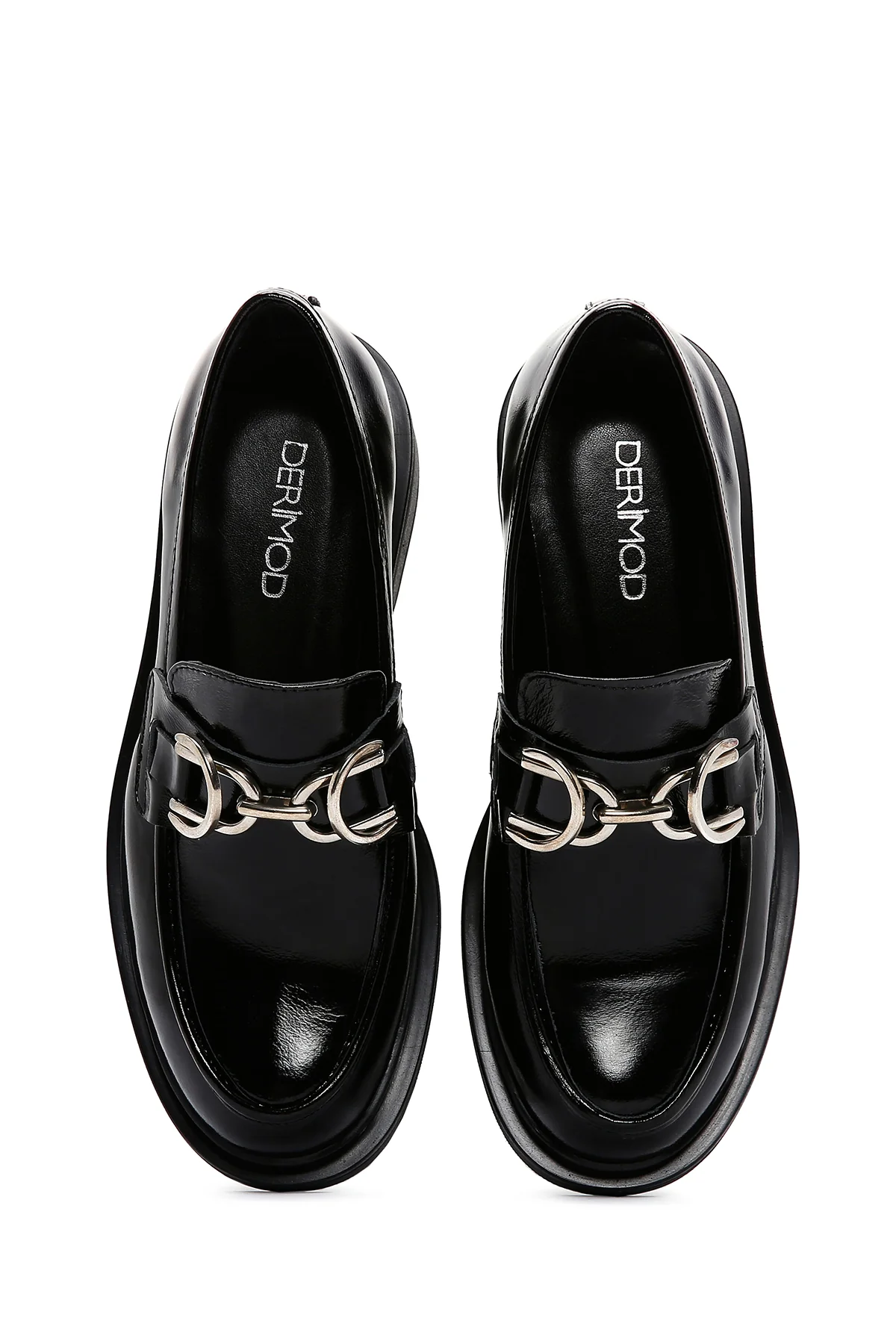 Kadın Siyah Zincir Detaylı Deri Maskülen Loafer - Image 6