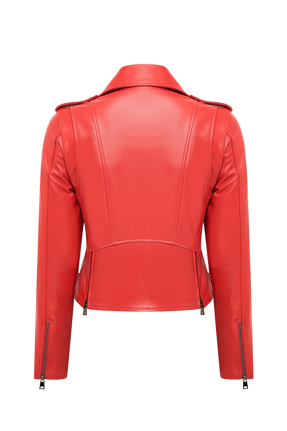 Newage Kadın Kırmızı Slim-Fit Biker Deri Ceket - Image 2