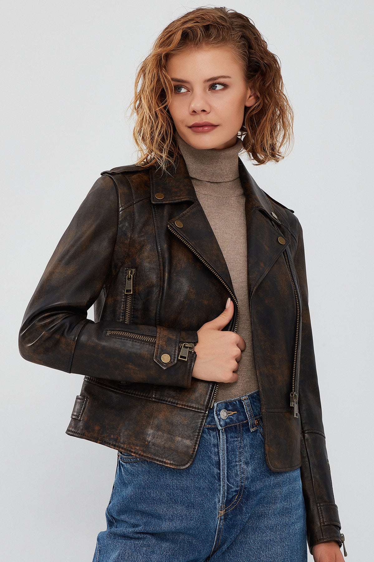 Newyork Kadın Kahverengi Vintage Biker Deri Ceket