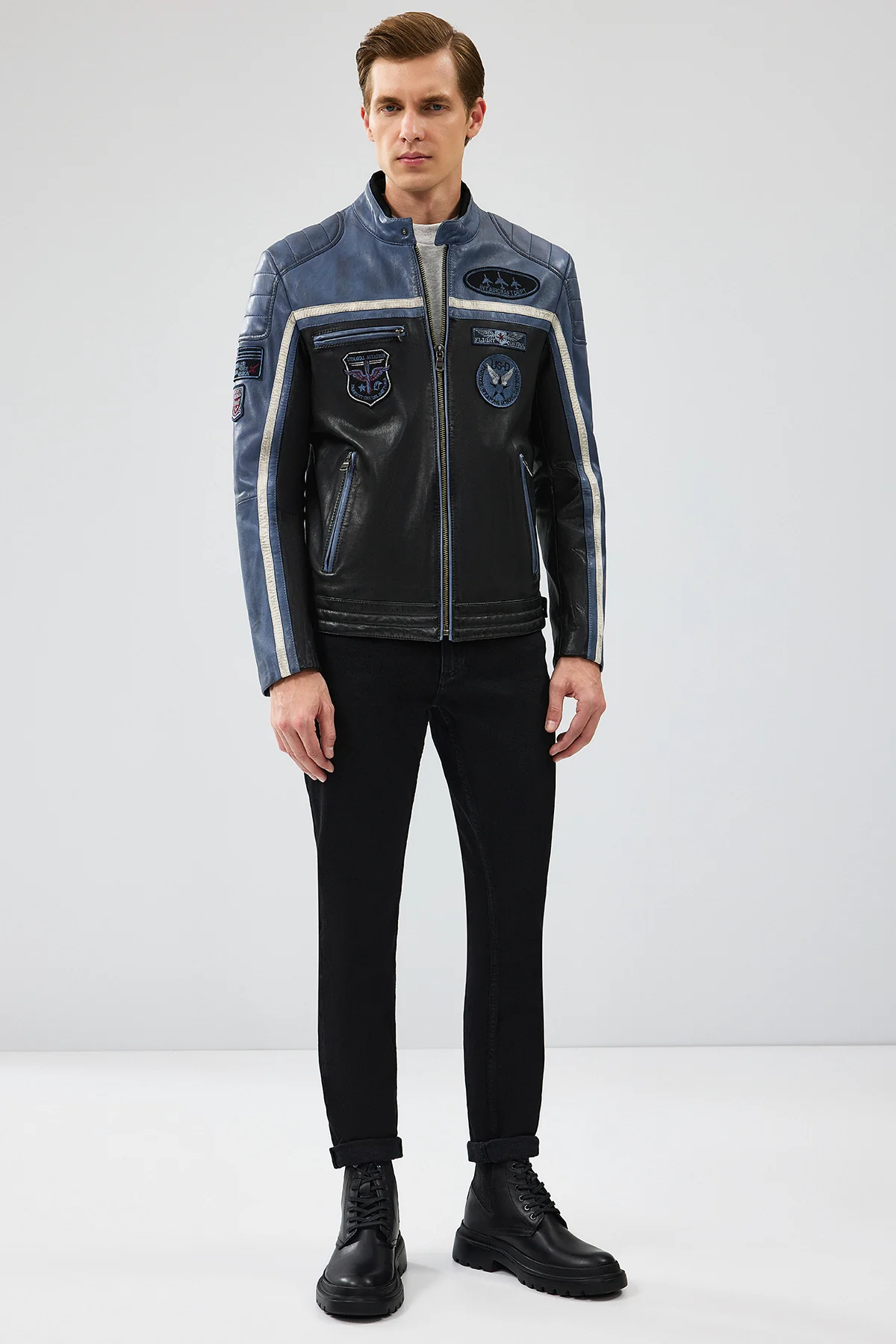 Takeoff Erkek Mavi Slim-Fit Deri Ceket