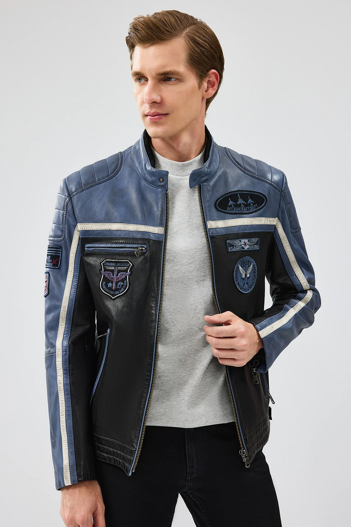 Takeoff Erkek Mavi Slim-Fit Deri Ceket - Image 2