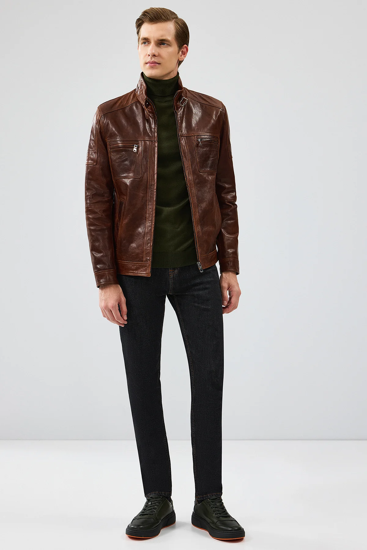 Wade Erkek Kahverengi Slim-Fit Deri Ceket - Image 6
